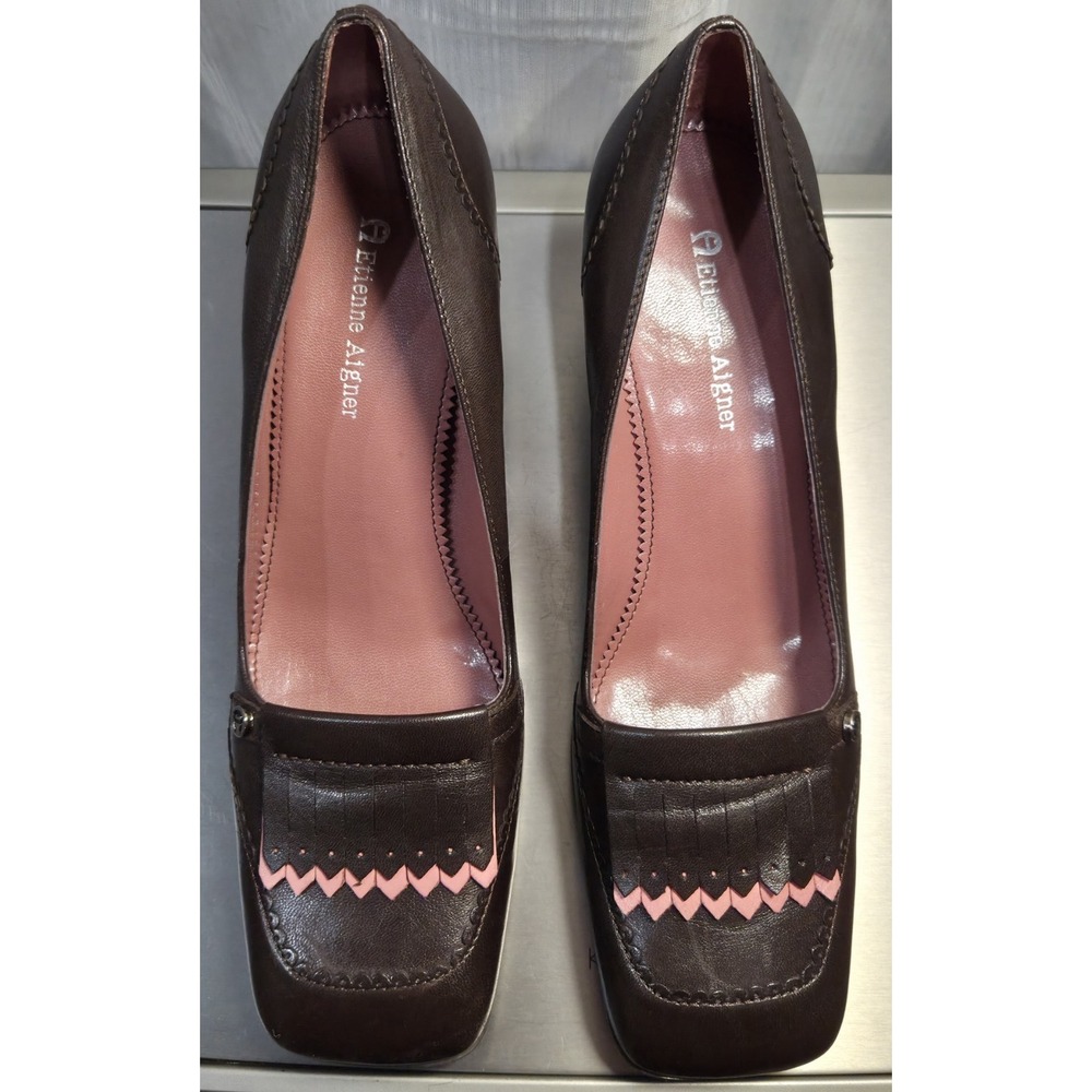Etienne Aigner Ysabel Brown‎ Leather Pump Pink Trim Fringed Vamp Sz 6.5